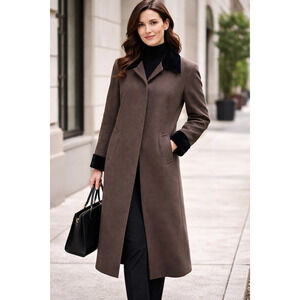 Forecaster of Boston Vintage 100% Wool Long Trench Coat Brown Black Trim Sz 8